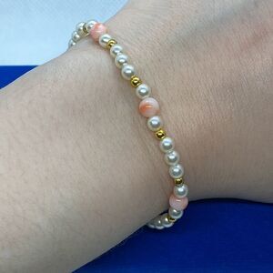 💛 Vintage Gold Plated Ball, Faux Pearl & Pink Stone Bracelet